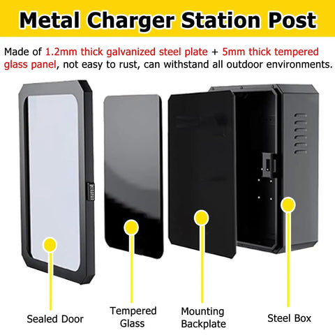 Close-up of Metal Charger Station Post showing sealed door, tempered glass, and steel box for Heavy Duty EV Charge Stand Pedestal.