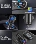 Beast Mode Ninety Watt Usb C Car Charger With Four Quick Charge Ports showing soft blue light and compact design for car use.