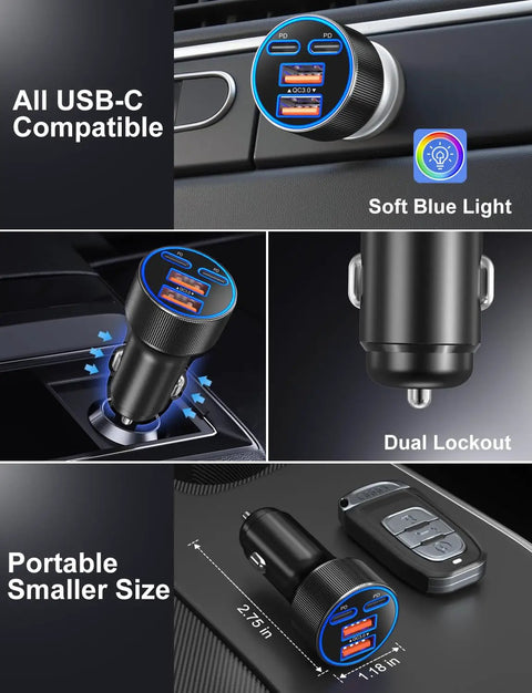 Beast Mode Ninety Watt Usb C Car Charger With Four Quick Charge Ports showing soft blue light and compact design for car use.