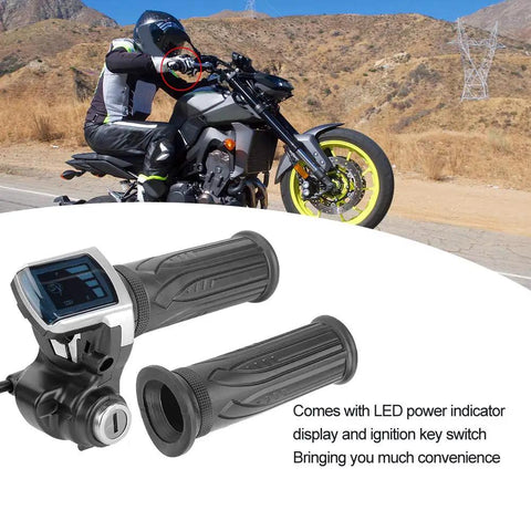 Half Twist Electric Bike Throttle With Led Power Indicator And Key Lock For 36V E Bikes And Scooters, shown with grip and display