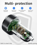 36W Dual USB Quick Charge 3.0 Car Charger Adapter For Smartphones showing internal components and multi-protection features.