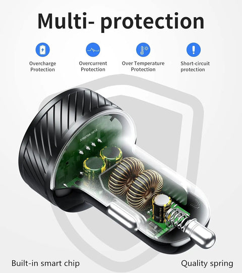 36W Dual USB Quick Charge 3.0 Car Charger Adapter For Smartphones showing internal components and multi-protection features.