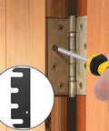 Ten Piece Door Hinge Filler Plates Kit With Stainless Steel Spacers 4x1.5 Inch Adjustable For Cabinet Repair DIY Friendly Rust Resistant Gap Filler For Kitchen And Home Improvement, image showing stainless steel spacers being installed with screwdriver.