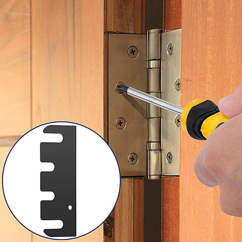 Ten Piece Door Hinge Filler Plates Kit With Stainless Steel Spacers 4x1.5 Inch Adjustable For Cabinet Repair DIY Friendly Rust Resistant Gap Filler For Kitchen And Home Improvement, image showing stainless steel spacers being installed with screwdriver.