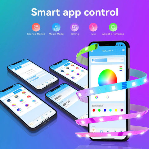 50 Ft Bluetooth RGB LED Strip Lights With SMD5050 Chips, Music Sync, shown with smart app control on smartphone screen