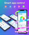 Ultra Long 150ft RGB LED Strip Lights With Bluetooth App Control showing smartphone app interface for color selection and sync