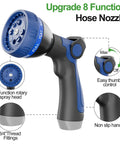 Blue and black 8-function hose nozzle with easy thumb control, part of 50 Foot Stainless Steel Garden Hose Heavy Duty With Nozzles.