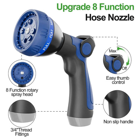 Blue and black 8-function hose nozzle with easy thumb control, part of 50 Foot Stainless Steel Garden Hose Heavy Duty With Nozzles.