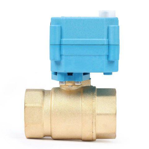 Rugged IP67 Motorized Brass Ball Valve 1 Inch With Waterproof Cover Full Port 110 To 230V Two Wire Auto Return Normally Closed Outdoor Ready For Irrigation And Water Systems side view showing brass body and blue housing.