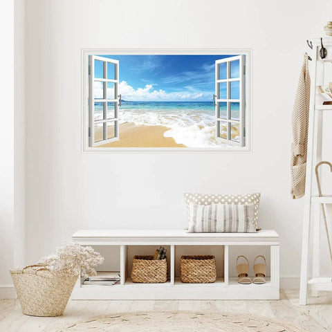 Beach Seascape 3D Fake Window Wall Sticker Removable Faux Window Decal Landscape For Living Room And Bedroom Easy Peel And Stick Repositionable Ocean View Wall Art Vibe