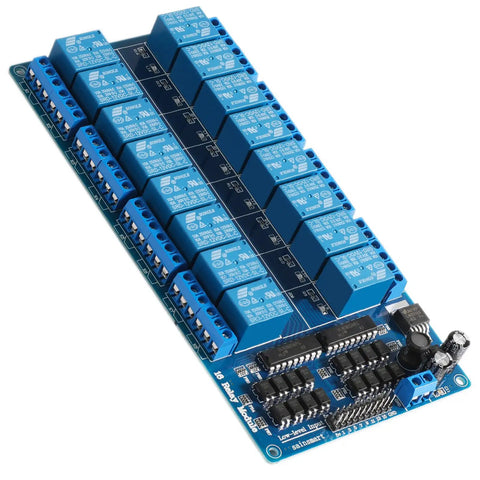 Sixteen Channel 12 Volt Relay Module Board For Arduino And Microcontrollers, High Current Relays Ready For DIY Projects, 10 Amp AC At 250 Volts And 12 Amp DC, Direct MCU Control, TTL Logic, Works With DSP AVR PIC ARM blue PCB