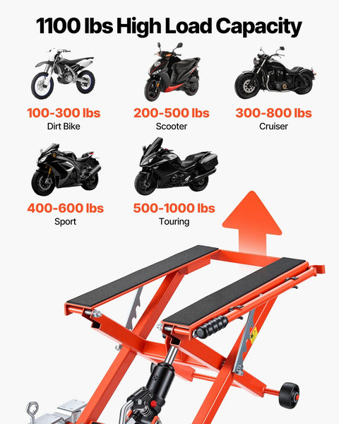 Hydraulic Motorcycle Lift Jack 1100 Lbs Capacity, Portable Scissor Lift Stand With Six Wheels, Foot Operated Hoist For Dirt Bikes, Adjustable Height From 4.72 To 15.15 Inches, Easy Use And Maintenance