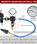 Automotive 31-piece coolant vacuum refill tool kit with pressure gauge and blue hose.