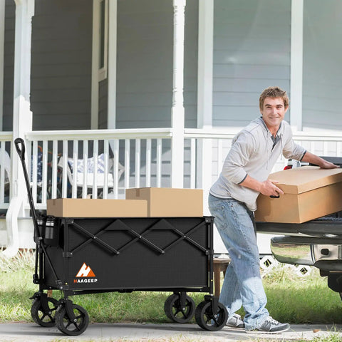 Man loading boxes into a Beast Of A Heavy Duty Collapsible Wagon Cart With Folding Wheels For Grocery Camping And Garden Use, 360 Degree Front Wheels, Ergonomic Handle, Ultra Compact Design, 200L Capacity