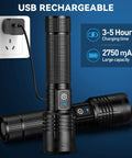 Rechargeable LED Flashlight Beast Bright 100,000 Lumens Tactical Torch with USB charging, 3-5 hours, 2750 mAh