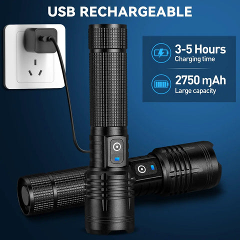 Rechargeable LED Flashlight Beast Bright 100,000 Lumens Tactical Torch with USB charging, 3-5 hours, 2750 mAh