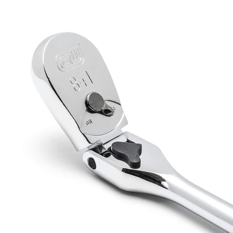 Close-up of 3/8 Inch Drive 84-Tooth Locking Flex Head Teardrop Ratchet, easy clean chrome, showing enclosed head and locking mechanism.