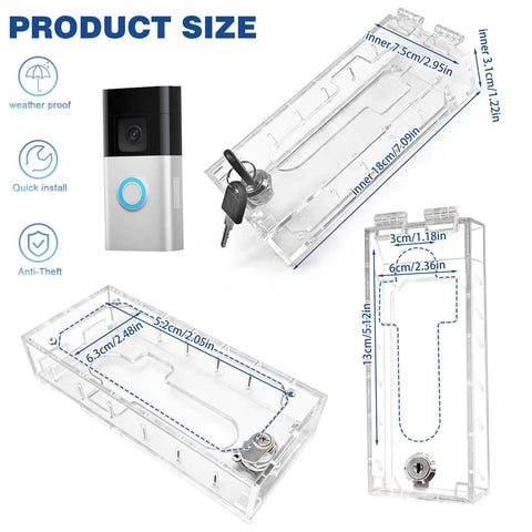 Keep Your Smart Video Doorbell Locked Down Tight With This Tough Love Outdoor Anti Theft Security Box Made From Crisp Clear Acrylic, showcasing dimensions and features.