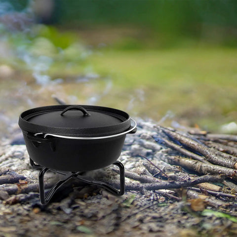 8 Inch Cast Iron Folding Dutch Oven Lid Stand For Campfire Cooking 4 In 1 Folding Pot Stand on campfire ground
