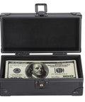 Open lockable cash box with key aluminum alloy money organizer showing currency inside for home office storage.