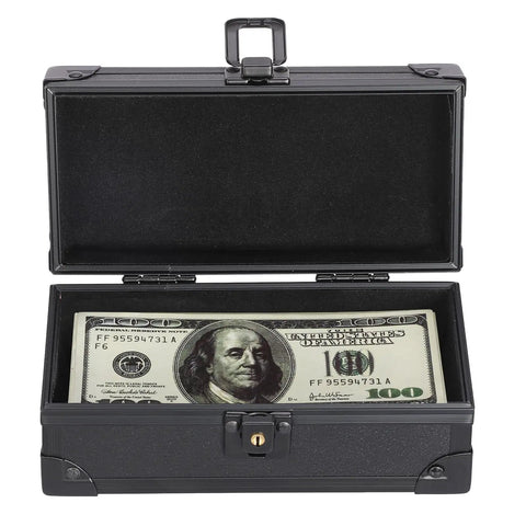 Open lockable cash box with key aluminum alloy money organizer showing currency inside for home office storage.