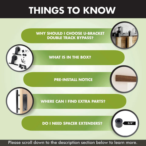 Information about installing the Black Rustic Double Track U Shape Bypass Sliding Barn Door Hardware Kit For Two Doors 6.6ft Long Flat Track.