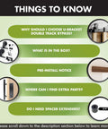 Infographic detailing the Rustic Black Double Track Bypass Sliding Barn Door Hardware Kit For Two Doors 20ft Flat Track With U Shape Brackets And T Shape Rollers Space Saving Quiet Smooth Operation Easy Install Heavy Duty.