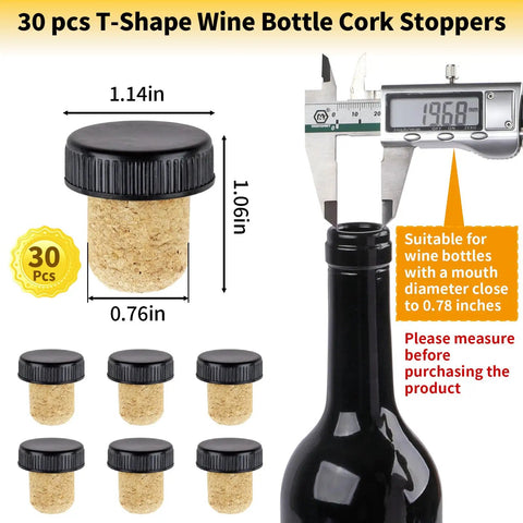 T-shape wine bottle cork stopper with dimensions, part of 60 Piece Wine Bottle Sealer Kit With Cork Stoppers And PVC Heat Shrink Capsules In Black Red Gold Reusable Wine Stopper Set For Home Travel Cruises And Parties