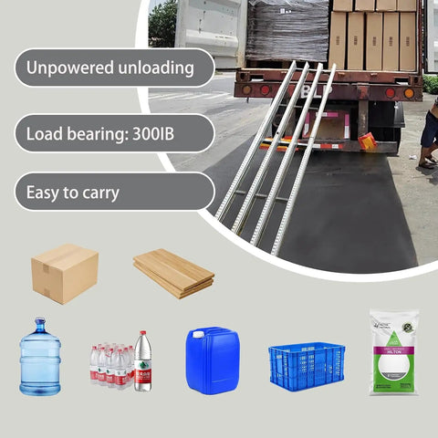Gravity Driven Roller Conveyor Table With Foldable ABS Rollers And Stainless Steel Frame No Power Design For Warehouse Freight Handling And Smooth Material Flow set up at a truck unloading zone.