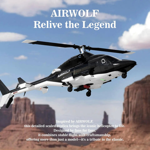 Airwolf RC Helicopter 1:27 Scale Ready To Fly with Auto Hover, six-channel control, dual batteries in desert landscape.