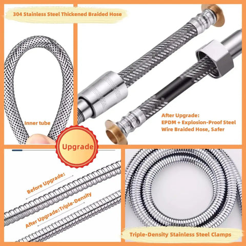 304 stainless steel thickened braided hose for handheld bidet spray kit with shower diverter valve, showing upgrades for durability.