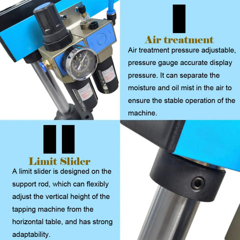 Air treatment and limit slider on Universal 360 Degree Pneumatic Tapping Machine With Flexible Arm For M3 To M12 Threading