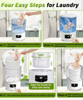 Four steps for using the Straight Up Must Have 4 Liter Semi Automatic Mini Washing Machine With Blue Light Sanitizing And Rapid Spin Cycle.