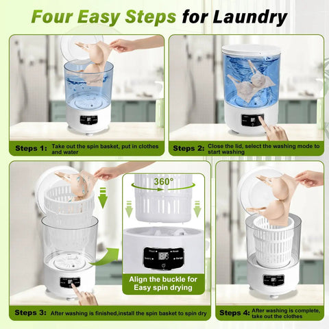 Four steps for using the Straight Up Must Have 4 Liter Semi Automatic Mini Washing Machine With Blue Light Sanitizing And Rapid Spin Cycle.