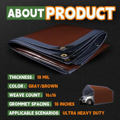 Folded Built Tough 8x10 Ft Waterproof Tarp with Grommets and Reinforced Edges 18 Mil Poly Sheeting, Brown and Gray for Outdoor Use.