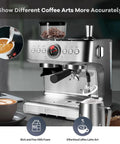 Upscale Semi Automatic Espresso Machine With Built In Grinder And Quick Milk Frother For Straight Up Cafe Quality Shots 85 Oz Removable Tank Solid Stainless Steel Finish with coffee art and beans.