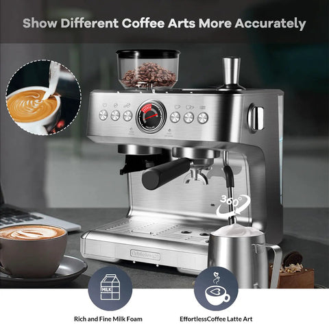 Upscale Semi Automatic Espresso Machine With Built In Grinder And Quick Milk Frother For Straight Up Cafe Quality Shots 85 Oz Removable Tank Solid Stainless Steel Finish with coffee art and beans.