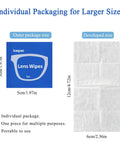 Front view of blue Icepac Lens Wipes single-use packet; side view shows unfolded 12 cm by 6 cm wipe sheet.