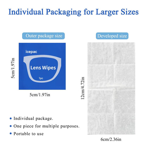 Front view of blue Icepac Lens Wipes single-use packet; side view shows unfolded 12 cm by 6 cm wipe sheet.