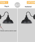 Black Gooseneck Industrial Wall Sconces With E26 Base Plug In Dimmer Vintage Farmhouse Vibe For Bedroom Nightstand Headboard Porch Garage Two Pack Sets showing plug-in and hardwired options