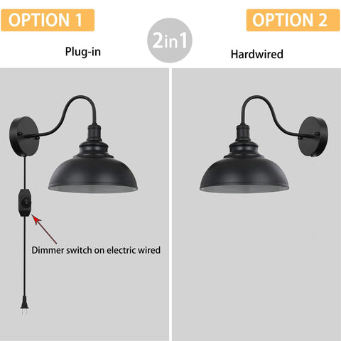 Black Gooseneck Industrial Wall Sconces With E26 Base Plug In Dimmer Vintage Farmhouse Vibe For Bedroom Nightstand Headboard Porch Garage Two Pack Sets showing plug-in and hardwired options