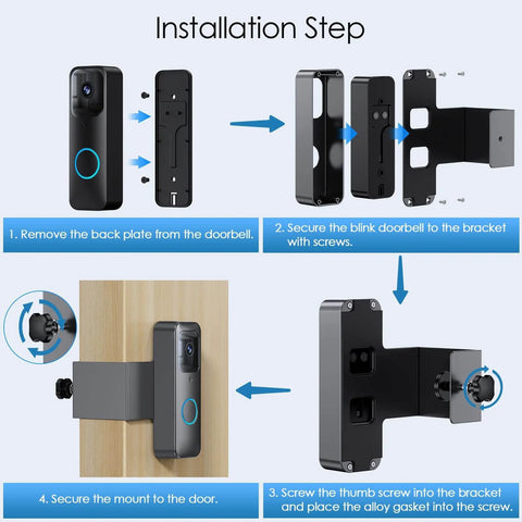 Installation steps for All Metal Anti Theft Doorbell Mount For Blink Video Doorbell 1st Gen, showing no drill method.