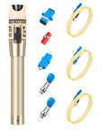 Fiber optic visual fault locator kit with gold handheld tester, blue FC/LC adapters, and 3×1.5m yellow patch cords.