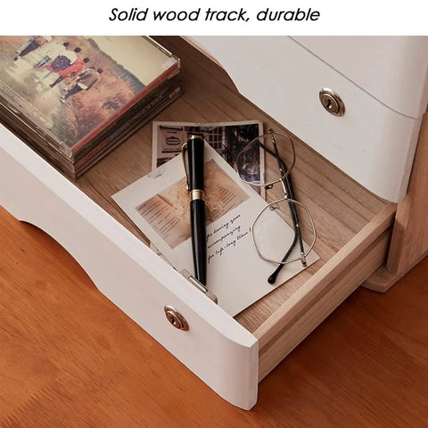 Open drawer in solid wood desktop file cabinet with lock, showing storage for desk accessories and documents, four-layer organizer.