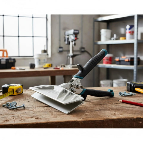 9-inch zinc-alloy hand seamer with teal grip on a wooden workbench for bending and folding metal sheets