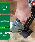 Top Notch Pro Preferred Pneumatic Flooring Nailer for Hardwood in use, showing depth adjustment with specifications 18GA, 3.1 lbs, 70-120 PSI.