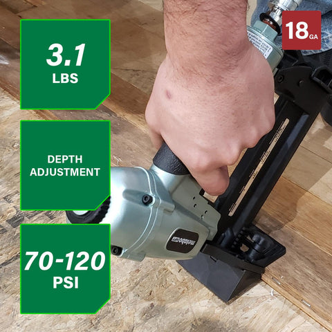 Top Notch Pro Preferred Pneumatic Flooring Nailer for Hardwood in use, showing depth adjustment with specifications 18GA, 3.1 lbs, 70-120 PSI.