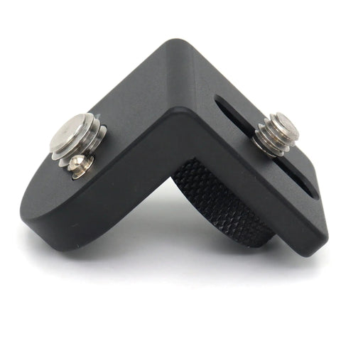 Mini Right Angle L-Shape Bracket Mount Plate Kit With 3/8-16 And 1/4-20 Screws, showcasing black aluminum design and dual screw threads.