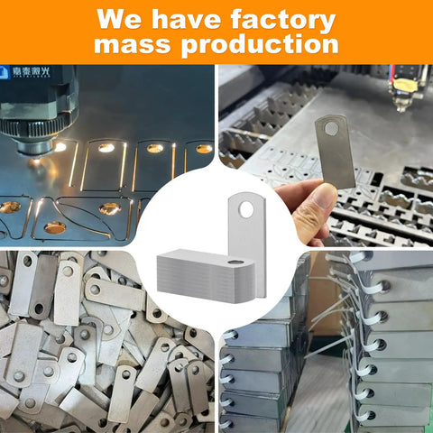 Premium Acid Pickled Weld Tabs 10 Pack Heavy Duty Steel Tack Studs With Three Eighth Inch Hole No Coating displayed in a factory setting.