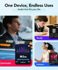 Collage showing a man commuting, a boy studying, and a woman enjoying leisure, highlighting the versatility of 64GB MP3 Player With 65 Hours Of Battery Life Ultra Lightweight Pocket Sized Music Player For Sports And Armband Fast USB Charge In 2 To 3 Hours Black.